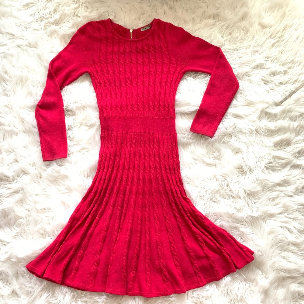 ELIZA J Hot Pink Cable Knit Drop Waist Flare Dress